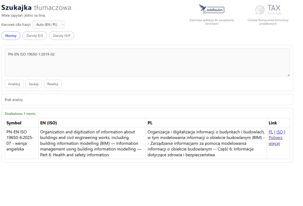 Szukajka tłumaczowa — szybkie wyszukiwanie odpowiedników norm ISO, zwrotów R/S/P/H